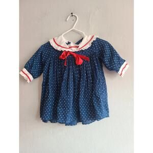 Vintage girl's infant 9 months sailor-style baby dress navy blue polka dot